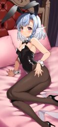 Rule 34 | 1girl, animal ears, arm support, ass, bare shoulders, beads, black bow, black bowtie, black footwear, black leotard, black pantyhose, blue hair, blush, bow, bowtie, braid, breasts, closed mouth, commentary, detached collar, elliot leucosia, enjo kouhai, fake animal ears, fins, fish girl, hair beads, hair ornament, head fins, high heels, highres, indoors, legs, leotard, light blue hair, light smile, looking at viewer, lying, on bed, on side, pantyhose, pillow, playboy bunny, purple eyes, rabbit ears, short hair, single braid, small breasts, solo, strapless, strapless leotard, takunomi, thighs, webbed hands, white wrist cuffs, wrist cuffs