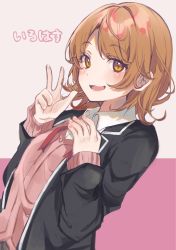 Rule 34 | 1girl, :d, absurdres, black jacket, blazer, blush, brown eyes, brown hair, cardigan, collared shirt, commentary request, grey background, hands up, heremia, highres, isshiki iroha, jacket, long sleeves, looking at viewer, open jacket, open clothes, open jacket, open mouth, pink background, pink cardigan, school uniform, shirt, sleeves past wrists, smile, sobu high school uniform, solo, translation request, two-tone background, upper body, v, white shirt, yahari ore no seishun lovecome wa machigatteiru.