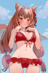 Rule 34 | 1girl, animal ears, bikini, blurry, blurry background, breasts, brown hair, commentary request, cowboy shot, daiwa scarlet (trifle vacation) (umamusume), daiwa scarlet (umamusume), frilled bikini, frills, front-tie top, halterneck, highres, horse ears, horse girl, horse tail, large breasts, long hair, red bikini, red eyes, solo, solokitsune, standing, swimsuit, tail, umamusume, very long hair