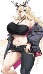 Rule 34 | 1girl, abs, absurdres, black bra, blonde hair, bra, breasts, casul, chain, collarbone, curvy, denim, expressionless, barghest (fate), fate/grand order, fate (series), gold chain, green eyes, heterochromia, highres, huge breasts, jacket, jeans, long hair, midriff, narrow waist, navel, open clothes, open jacket, pants, red eyes, simple background, single bare leg, sleeveless, stomach, strapless, strapless bra, tall, tall female, thick thighs, thighs, tiara, toned, torn clothes, torn jeans, torn pants, underwear, white background, wide hips