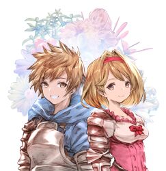 Rule 34 | 1boy, 1girl, armor, blonde hair, blue hoodie, bow, brown eyes, brown hair, closed mouth, collarbone, djeeta (granblue fantasy), dress, fighter (granblue fantasy), floral background, frills, gran (granblue fantasy), granblue fantasy, hair intakes, hairband, hood, hoodie, looking at viewer, messy hair, open mouth, pink dress, pink hairband, red bow, short hair, smile, upper body, usapenpen2019, vambraces