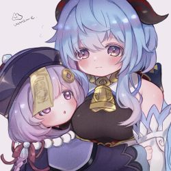 Rule 34 | 2girls, 3:, ahoge, bead necklace, beads, bell, black bodysuit, blue hair, blush, bodysuit, braid, braided ponytail, chinese clothes, commentary request, detached sleeves, ganyu (genshin impact), genshin impact, hair between eyes, hat, height difference, horns, hug, jewelry, jiangshi, long hair, long sleeves, low ponytail, multiple girls, neck bell, necklace, ofuda, parted lips, purple eyes, purple hair, qingdai guanmao, qiqi (genshin impact), sidelocks, simple background, single braid, umame, white background, wide sleeves
