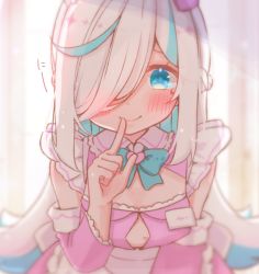Rule 34 | 1girl, aqua eyes, aqua hair, aqua ribbon, arm up, blurry, blush, bokeh, braid, breasts, cleavage cutout, clothing cutout, depth of field, detached sleeves, dress, finger to mouth, frilled dress, frills, hair over one eye, ilu fluor, ilu fluor (artist), indie virtual youtuber, indoors, leaning forward, long hair, looking at viewer, mole, mole under eye, multicolored hair, original, pink dress, pink theme, ribbon, shushing, sitting, sleeveless, sleeveless dress, smile, solo, streaked hair, sunlight, tagme, two-tone hair, very long hair, virtual youtuber, white hair