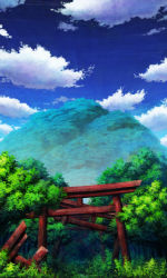 Rule 34 | aoha (twintail), blue sky, cloud, cloudy sky, commentary request, day, forest, grass, mountain, nature, no humans, outdoors, path, road, ruins, scenery, sky, torii, tree