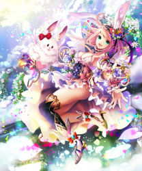 Rule 34 | 1girl, :3, :d, ahoge, animal ears, ass, bow, breasts, cleavage, cloud, corset, detached collar, flower, from side, full body, green eyes, hair flower, hair ornament, hairband, high heels, kether, looking at viewer, open mouth, outdoors, outstretched arm, over-kneehighs, pink hair, rabbit, rabbit ears, red bow, shingoku no valhalla gate, shoes, short hair with long locks, single over-kneehigh, single thighhigh, smile, thighhighs, wrist cuffs