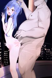 Rule 34 | 1boy, 1girl, age difference, ass, blue hair, blush, breasts, cityscape, empty eyes, eyebrows, fat, fat man, grabbing another&#039;s hair, hand on another&#039;s head, hetero, long hair, motion lines, nude, open mouth, sex, sex from behind, small breasts, smoking, solo focus, spanking, standing, stomach bulge, trembling
