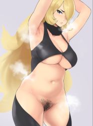 Rule 34 | 1girl, armpits, arms up, blonde hair, bottomless, breasts, cleavage, closed mouth, creatures (company), cynthia (pokemon), female focus, female pubic hair, fur collar, game freak, grey background, grey eyes, hair over one eye, large breasts, long hair, looking at viewer, navel, nintendo, pokemon, pokemon dppt, pubic hair, revealing clothes, simple background, solo, standing, steaming body, stomach, underboob, very long hair, yotamono
