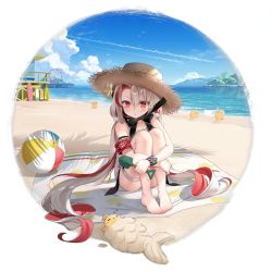 1girl azur_lane ball bare_shoulders barefoot beach beach_towel beachball blue_sky blush byulzzi cloud cloudy_sky flower full_body hair_between_eyes hair_ornament hair_scrunchie hat highres hugging_own_legs long_hair maestrale_(azur_lane) maestrale_(lonesome_beachfarer)_(azur_lane) manjuu_(azur_lane) multicolored_hair ocean official_art outdoors parted_lips red_eyes red_hair scrunchie shadow shovel silver_hair sitting sky sleeping straw_hat swimsuit thigh_strap thighs toes towel transparent_background twintails very_long_hair water