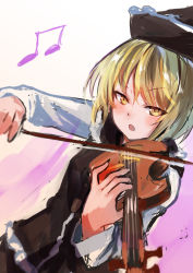 Rule 34 | 1girl, :o, absurdres, amamitsu kousuke, bad id, bad pixiv id, beamed quavers, black hat, black skirt, black vest, blonde hair, blush, bow (music), gradient background, hat, highres, instrument, long sleeves, lunasa prismriver, music, musical note, open mouth, parted lips, playing instrument, purple background, short hair, skirt, solo, touhou, vest, violin, white background, yellow eyes