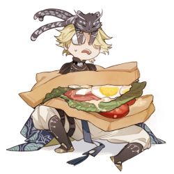 Rule 34 | 1boy, ^ ^, animal, animal on head, black footwear, blonde hair, boots, cat, cat on head, character request, chibi, closed eyes, code009, covered eyes, covering another&#039;s eyes, egg (food), facing viewer, food, food request, hardboiled egg, in food, knee boots, lettuce, male focus, mini person, miniboy, multiple tails, on head, open mouth, pants, pants tucked in, sandwich, shanhai jing hua, simple background, sitting, sweatdrop, tail, tassel, tomato, tomato slice, white background
