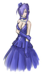 Rule 34 | 1girl, arceonn, bare shoulders, blue dress, blue gloves, blush, breasts, choker, cleavage, dress, elbow gloves, fatima, flower, formal, gloves, gown, hair flower, hair ornament, hair over one eye, holding own arm, jewelry, large breasts, long hair, luminous arc, luminous arc 2, pendant, pointy ears, purple eyes, purple hair, solo, white background