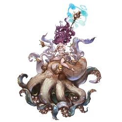 Rule 34 | 1girl, animal ears, anklet, barefoot, blue eyes, bracelet, breasts, coral hair ornament, criss-cross halter, fins, granblue fantasy, halterneck, head fins, holding, holding staff, jewelry, minaba hideo, navel, octopus, official art, purple hair, sitting on animal, staff, thighlet, third-party source, varuna (granblue fantasy)