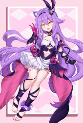 Rule 34 | 1girl, :d, absurdres, animal ear fluff, animal ears, bare shoulders, barefoot, breasts, budesonide, cat ears, clothing cutout, dress, fang, fingerless gloves, full body, gloves, hair between eyes, hair ornament, hairband, hand up, highres, honkai (series), honkai impact 3rd, jewelry, leg ribbon, long hair, looking at viewer, navel, navel cutout, open mouth, purple dress, purple gloves, purple hair, ribbon, sidelocks, sirin, sirin (miracle magical girl), small breasts, smile, solo, stirrup legwear, symbol-shaped pupils, toeless legwear, v, very long hair, white dress, yellow eyes