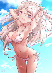 Rule 34 | 1girl, arms behind head, bikini, blue sky, blush, breasts, brown eyes, cloud, cloudy sky, conte di cavour (kancolle), day, fuji (pixiv24804665), grey hair, kantai collection, large breasts, long hair, looking at viewer, open mouth, outdoors, sky, smile, solo, swimsuit, two side up, white bikini