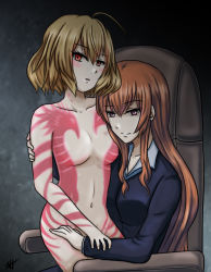 Rule 34 | 10s, 2girls, age difference, ahoge, akuma no riddle, arm around back, athyra, blonde hair, blue shirt, blush, breasts, brown hair, business suit, chair, closed mouth, clothed female nude female, collarbone, eyebrows, formal, full-body tattoo, girl on top, hand on another&#039;s arm, hand on another&#039;s hip, hashiri nio, head tilt, hickey, hip bones, long hair, long sleeves, looking at viewer, looking to the side, multiple girls, navel, no nipples, nude, office chair, on lap, parted lips, pink eyes, red eyes, shirt, short hair, sitting, sitting on person, small breasts, smile, stomach, suit, swivel chair, tattoo, tsurime, yuri, yuri meichi
