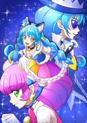Rule 34 | 3girls, :d, animal ears, blue-tinted eyewear, blue-tinted glasses, blue background, blue cat (precure), blue footwear, blue gloves, blue hair, blue headwear, boots, cat ears, cat tail, choker, closed mouth, collarbone, cure cosmo, elbow gloves, floating hair, full body, fur-trimmed boots, fur-trimmed gloves, fur trim, gloves, green eyes, hair between eyes, hand on own hip, hat, long hair, mao (precure), mini hat, miniskirt, multicolored clothes, multicolored skirt, multiple girls, open mouth, pink-framed eyewear, pink hair, precure, skirt, smile, star (sky), star twinkle precure, sunglasses, tail, thigh boots, thighhighs, tinted eyewear, tsukikage oyama, very long hair, white gloves, yellow eyes, yuni (precure), zettai ryouiki