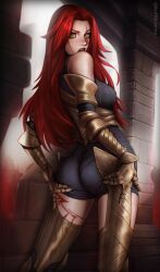 1girl :o absurdres armored_legwear ass ass_support bare_shoulders brick_wall day from_behind gauntlets highres indoors katarina_(league_of_legends) league_of_legends leg_tattoo long_hair orange_eyes orianna_(bufforianna) red_hair red_lips scar scar_across_eye solo tattoo teeth upper_teeth_only