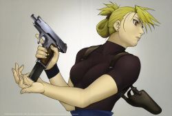 Rule 34 | 1girl, absurdres, blonde hair, breasts, brown eyes, brown shirt, cartridge, earrings, female focus, folded ponytail, fullmetal alchemist, gradient background, gun, handgun, highres, holding, holding gun, holding weapon, holster, jewelry, locked slide, looking away, magazine (weapon), marksman, medium breasts, military, military uniform, official art, parted lips, pistol, ponytail, reloading, riza hawkeye, scan, semi-automatic firearm, serious, shirt, short hair, short sleeves, shoulder holster, simple background, skin tight, solo, standing, trigger discipline, uniform, upper body, weapon, white background