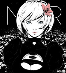 Rule 34 | 1girl, artist name, blue eyes, breasts, cleavage, cleavage cutout, clothing cutout, commentary request, dress, flower, greyscale, hair flower, hair ornament, hairband, heart, lips, long sleeves, looking at viewer, makeup, mole, mole under mouth, monochrome, nier:automata, nier (series), polkin, puffy sleeves, short hair, signature, simple background, smile, solo, turtleneck, upper body, 2b (nier:automata)