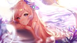Rule 34 | 1girl, blue eyes, blue hair, blush, bubble, coral, genshin impact, hair down, hair ornament, head on arm, head rest, long hair, looking at viewer, mermaid, miothle, monster girl, multicolored hair, open mouth, partially submerged, pink hair, sangonomiya kokomi, solo, sparkle, water, waves