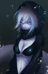 Rule 34 | 10s, 1girl, abyssal ship, bad id, bad pixiv id, bikini, bikini top only, breasts, evil grin, evil smile, grin, hood, hoodie, kantai collection, large breasts, looking at viewer, navel, re-class battleship, scarf, short hair, smile, solo, swimsuit, tail, underwater