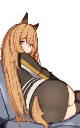 Rule 34 | 1girl, absurdres, animal ears, arknights, ass, binware, black dress, black thighhighs, blonde hair, blush, ceobe (arknights), closed mouth, clothing cutout, commentary request, dog ears, dog girl, dog tail, dress, from behind, highres, long hair, long sleeves, looking at viewer, looking back, lying, on side, red eyes, simple background, solo, tail, tail through clothes, thighhighs, very long hair, white background