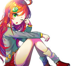 Rule 34 | 1girl, absurdres, andou ringo, collared shirt, green eyes, highres, leg warmers, long hair, looking at viewer, offbeat, one eye closed, open mouth, pleated skirt, puyopuyo, red hair, red skirt, shirt, sitting, skirt, solo, thighs