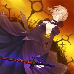 Rule 34 | 1girl, artoria pendragon (all), artoria pendragon (fate), black dress, blonde hair, circle, dress, fate/grand order, fate (series), floating, floating object, floating weapon, glowing, glowing sword, glowing weapon, goth fashion, hair bun, highres, looking to the side, orange eyes, orange sky, planted, planted sword, planted weapon, saber alter, shi o musubi, sky, solo, sword, weapon