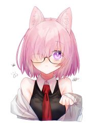 Rule 34 | 1girl, absurdres, animal ear fluff, animal ears, black-framed eyewear, black shirt, blush, cat ears, closed mouth, cropped arms, cropped torso, fate/grand order, fate (series), frown, glasses, grey sleeves, harukappa, highres, kemonomimi mode, long sleeves, looking at viewer, mash kyrielight, medium hair, necktie, pink hair, purple eyes, red necktie, shirt, simple background, sleeveless, sleeveless shirt, solo, straight hair, upper body, white background, wing collar