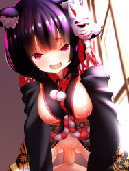 Rule 34 | 1boy, 1girl, absurdres, animal ear fluff, animal ears, azur lane, black hair, black kimono, bottomless, breasts, breasts out, cat ears, clothed female nude male, cowgirl position, endou-jun, fang, fox mask, girl on top, gluteal fold, groin, hetero, highres, japanese clothes, kimono, leaning forward, mask, mask on head, nipples, no panties, nude, open clothes, open kimono, open mouth, penis, pov, pussy, red eyes, sex, short hair, short kimono, smile, straddling, uncensored, vaginal, yamashiro (azur lane)