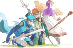 Rule 34 | 1girl, 2boys, blonde hair, blue cape, blue eyes, blue footwear, blue gloves, blue headwear, blue tunic, brown hair, cape, closed mouth, curly hair, dragon quest, dragon quest ii, full body, gloves, goggles, goggles on head, goggles on headwear, green footwear, green gloves, green tabard, highres, holding, holding polearm, holding staff, holding sword, holding weapon, kneeling, long hair, mari-mason, multiple boys, polearm, prince of lorasia, prince of samantoria, princess of moonbrook, purple hood, red eyes, robe, short hair, smile, squatting, staff, standing, sword, tabard, weapon, white robe