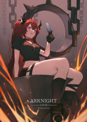 Rule 34 | 1girl, absurdres, arknights, chilakkk, choker, crop top, highres, jewelry, lava, necklace, official alternate costume, pantyhose, ponytail, purple eyes, red hair, slit pupils, solo, surtr (arknights), surtr (liberte echec) (arknights), thigh strap, thighs, tongue, tongue out