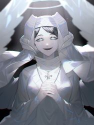 Rule 34 | 1girl, angel wings, black clover, blue eyes, cross, evil smile, facial mark, frit 2, habit, halo, highres, holding, holding jewelry, holding necklace, jewelry, lily aquaria, necklace, nun, praying, robe, smile, solo, white halo, white robe, wings