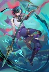 Rule 34 | 1boy, arm tattoo, bead necklace, beads, black hair, blue hair, eyeshadow, facial mark, forehead mark, full body, genshin impact, gloves, half mask, highres, holding, holding polearm, holding weapon, jewelry, leenim, looking at viewer, makeup, male focus, mask, multicolored hair, necklace, orange eyes, parted lips, polearm, primordial jade winged-spear (genshin impact), red eyeshadow, simple background, solo, spear, tassel, tattoo, weapon, xiao (genshin impact)
