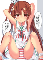 Rule 34 | 1girl, armpits, arms behind head, arms up, beritabo, blush, bow, bow panties, brown hair, closed mouth, collarbone, commentary request, dress, feet out of frame, hair between eyes, highres, kantai collection, knees up, libeccio (kancolle), long hair, looking at viewer, mouth hold, panties, red eyes, red ribbon, ribbon, ribbon in mouth, sitting, sleeveless, sleeveless dress, smile, solo, striped clothes, striped panties, translation request, twintails, underwear, very long hair, white dress, white ribbon
