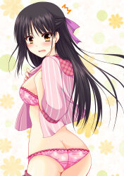 Rule 34 | 1girl, ^^^, absurdres, ass, black hair, blush, bra, breasts, cafe stella to shinigami no chou, commentary request, cowboy shot, curvy, earrings, eyelashes, eyes visible through hair, floating hair, floral print, frilled bra, frilled panties, frills, from behind, frown, hair between eyes, highres, jewelry, long hair, looking at viewer, looking back, medium breasts, open mouth, panties, pink bra, pink panties, pink skirt, puffy short sleeves, puffy sleeves, pussy, shiki natsume, short sleeves, sideboob, skirt, solo, standing, straight hair, stud earrings, surprised, sweatdrop, tayutama mashiro, underwear, undressing, v-shaped eyebrows, waitress, yellow eyes