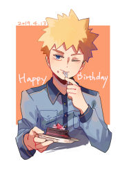 Rule 34 | absurdres, blonde hair, blue eyes, blue shirt, cake, cake slice, closed mouth, commentary request, cropped torso, dated, eating, food, food on face, fork, hanazawa teruki, happy birthday, highres, holding, holding fork, holding plate, mob psycho 100, mogutofuoes, one eye closed, orange background, plate, shirt, short hair, upper body, white background