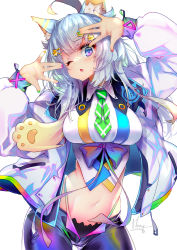 Rule 34 | 1girl, ahoge, animal ear fluff, animal ears, artist name, black panties, blue hair, blue nails, breasts, collared shirt, cowboy shot, crop top, green nails, green necktie, hair ornament, hairclip, highleg, hong (white spider), iridescent, jacket, lanmewko, large breasts, long hair, long sleeves, looking at viewer, midriff, multicolored nails, nail polish, navel, necktie, one eye closed, open clothes, open fly, open jacket, original, panties, pants, purple eyes, purple nails, red nails, shirt, simple background, solo, star (symbol), star hair ornament, stomach, underwear, white background, white jacket, white shirt, yellow nails