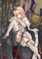 Rule 34 | 1girl, blonde hair, blue eyes, blush, braid, breasts, character name, convenient censoring, crown, dress, feet out of frame, flag, french braid, full body, globe, globus cruciger, hairband, high heels, highres, jewelry, k jie, kantai collection, long hair, long sleeves, mini crown, necklace, off shoulder, red neckwear, red soles, rigging, scepter, shoes, sitting, smile, solo, thighhighs, warspite (kancolle)