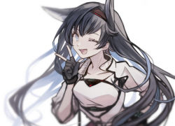 Rule 34 | 1girl, ;d, animal ears, arknights, belt, belt buckle, black belt, black gloves, black hair, blaze (arknights), blue eyes, blue hair, blurry, blurry background, blurry foreground, breasts, bright pupils, buckle, cat ears, cat girl, chest belt, collarbone, commentary, depth of field, fang, fingerless gloves, gloves, hairband, hand on own hip, hand up, highres, jacket, long hair, looking at viewer, medium breasts, multicolored hair, one eye closed, open clothes, open jacket, open mouth, red hairband, shirt, simple background, sleeves past elbows, smile, solo, tareko, two-tone hair, underbust, upper body, v, very long hair, white background, white jacket, white pupils, white shirt