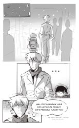 Rule 34 | ..., 2boys, backpack, bag, child, closed mouth, comic, commentary, english commentary, english text, greyscale, highres, kageyama shigeo, male focus, mob psycho 100, monochrome, mp100days, multiple boys, reigen arataka, scarf, short hair, snowing, standing, thought bubble, walking, winter