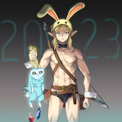 Rule 34 | 1boy, 2023, abs, animal hood, arrow (projectile), belt, black bow, black bowtie, black male swimwear, blonde hair, blue eyes, blupee, bow, bow (weapon), bowtie, brown belt, chinese zodiac, commentary request, detached collar, elf, expressionless, holding, hood, link, male focus, male playboy bunny, male swimwear, monbetsu kuniharu, nintendo, nipples, pectorals, pointy ears, quiver, rabbit hood, rupee (zelda), sparkle, swim briefs, the legend of zelda, the legend of zelda: breath of the wild, toned, toned male, traditional bowtie, weapon, wrist cuffs, year of the rabbit