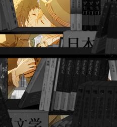 Rule 34 | 10s, 2boys, akutagawa ryuunosuke (bungou stray dogs), bad id, bad pixiv id, black gloves, black hair, blonde hair, book, bookshelf, bungou stray dogs, buttons, closed eyes, collared shirt, couple, covered mouth, detached sleeves, from side, gloves, hand on another&#039;s arm, hand on another&#039;s cheek, hand on another&#039;s face, hat, kiss, library, light particles, long sleeves, male focus, multiple boys, nakahara chuuya (bungou stray dogs), profile, shirt, upper body, white shirt, yaoi, zaro