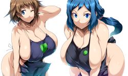 Rule 34 | 10s, 2girls, apron, arm up, bent over, blue eyes, blue hair, breasts, breasts squeezed together, brown hair, cleavage, collarbone, commentary request, gundam, gundam build divers, gundam build fighters, hair ornament, hair scrunchie, haro button badge, highres, huge breasts, iori rinko, long hair, looking at viewer, mature female, multiple girls, naked apron, nanase nanami (gundam build divers), one eye closed, scrunchie, shiny skin, short hair, sideboob, simple background, smile, standing, tsukasawa takamatsu, white background