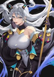 Rule 34 | 1girl, 44paku, absurdres, bare shoulders, belsidia (world flipper), black gloves, blue eyes, breasts, character request, covered navel, cowboy shot, detached sleeves, earrings, fur trim, gloves, grey hair, hair between eyes, hair ornament, highres, jewelry, large breasts, long hair, long sleeves, looking at viewer, puffy long sleeves, puffy sleeves, skin tight, smile, solo, tongue, tongue out, very long hair, world flipper