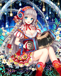 Rule 34 | 1girl, accordion, blue eyes, blush, boots, breasts, cleavage, dress, flower, grey hair, headband, instrument, long hair, looking at viewer, medium breasts, nardack, open mouth, original, puffy sleeves, short sleeves, sitting, smile, solo, traditional clothes