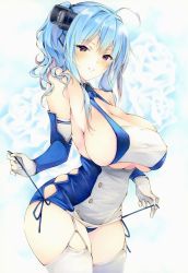 Rule 34 | ahoge, argyle, argyle clothes, argyle cutout, azur lane, bare shoulders, blue hair, blue panties, blush, breasts, cleavage, closed mouth, clothing cutout, commentary request, detached sleeves, dress, garter straps, gloves, headgear, large breasts, marker (medium), panties, purple eyes, sideboob, sidelocks, smile, solo, st. louis (azur lane), taut clothes, taut dress, thighhighs, thighs, thingtng (sgma7424), traditional media, underboob, underwear, white gloves, white thighhighs
