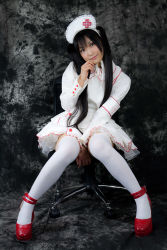 Rule 34 | 1girl, asian, black hair, cosplay, hat, lenfried, long hair, nurse, nurse cap, photo (medium), twintails