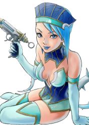 Rule 34 | 10s, 1girl, bad id, bad pixiv id, bare shoulders, bibirii, blue eyes, blue hair, blue rose (tiger &amp; bunny), boots, breasts, cleavage, earrings, elbow gloves, fingernails, fingernails over gloves, gloves, gun, hat, high heels, jewelry, karina lyle, lipstick, makeup, matching hair/eyes, narcissusid, shoes, short hair, simple background, solo, superhero costume, thigh boots, thighhighs, tiger &amp; bunny, weapon, white background