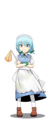 Rule 34 | &gt;:), + +, 1girl, apron, bad id, bad pixiv id, blue dress, blue eyes, blue hair, bow, braid, cleaning, crossed arms, dress, duster, full body, green bow, hair bow, hair ribbon, highres, izayoi sakuya, loafers, maid, maid apron, maid headdress, matching hair/eyes, okahi, ribbon, shoes, silver hair, simple background, smile, solo, sparkling eyes, touhou, tress ribbon, twin braids, v-shaped eyebrows, waist apron, white background, aged down